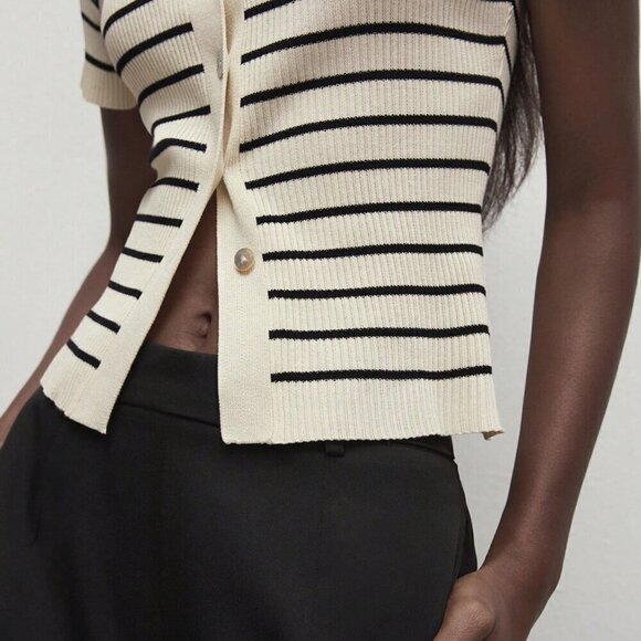 Apricot Casual Women's Lapel Striped Button Knitted Sweater - Picture 5 of 7